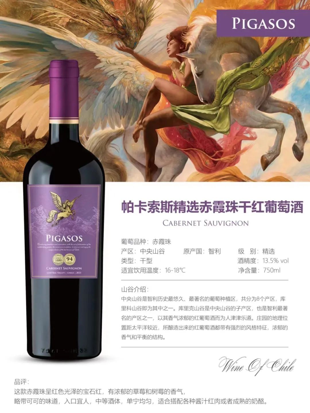 智利-精选赤霞珠干红葡萄酒--中央山谷PIGASOS飞马酒庄